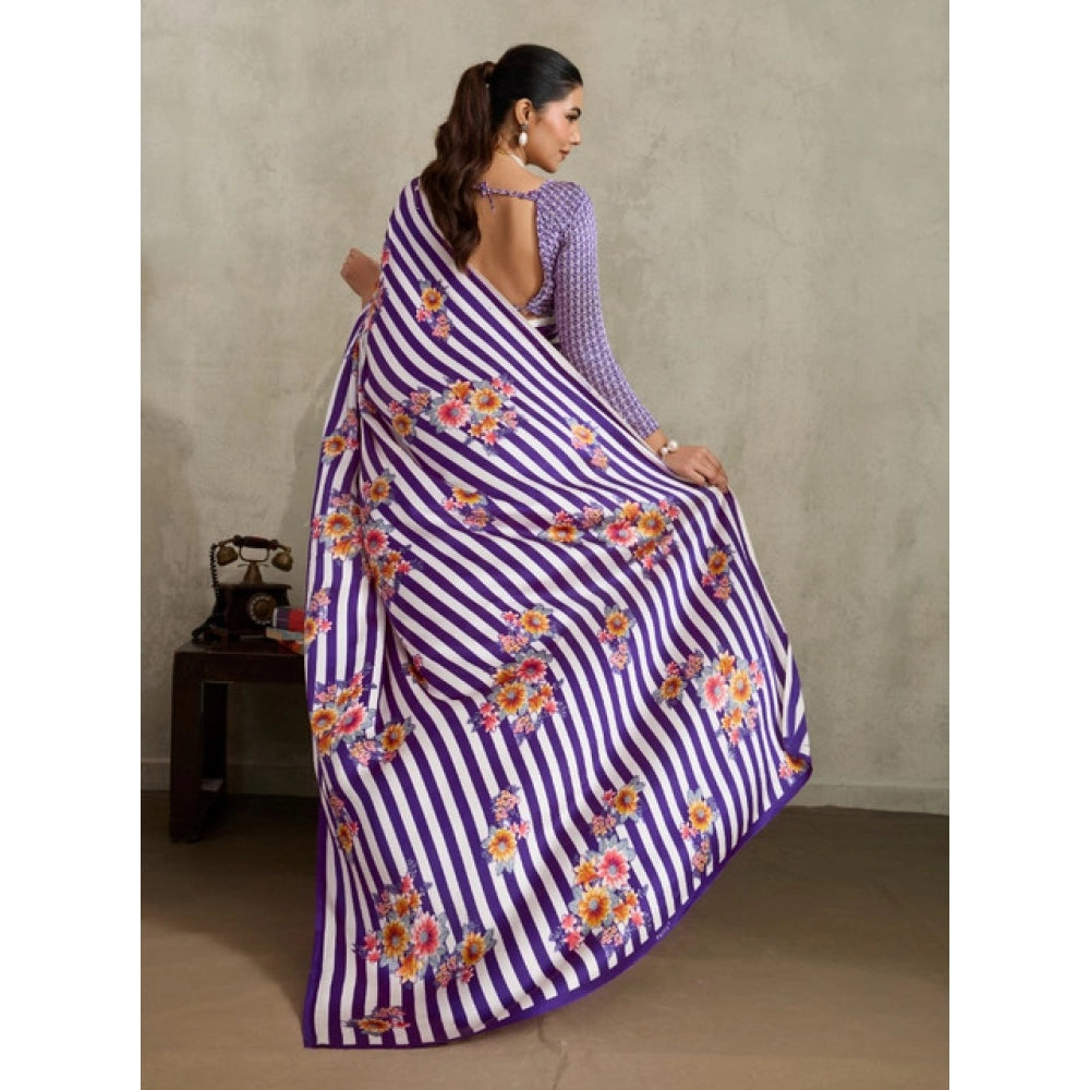 Seduva Women's Satin Crepe Printed Saree With Unstitched Blouse 5.5Mtr (Purple)