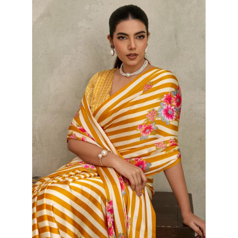 Seduva Women's Satin Crepe Printed Saree With Unstitched Blouse 5.5Mtr (Mustard)