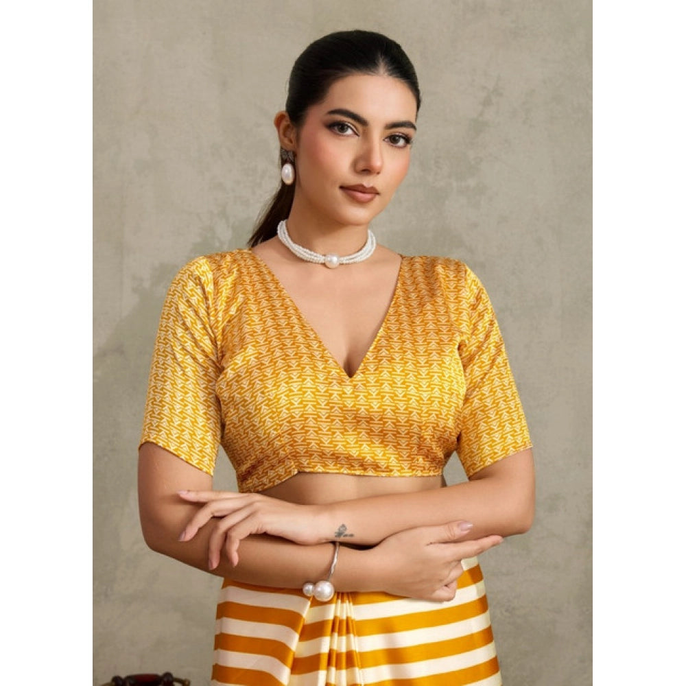 Seduva Women's Satin Crepe Printed Saree With Unstitched Blouse 5.5Mtr (Mustard)