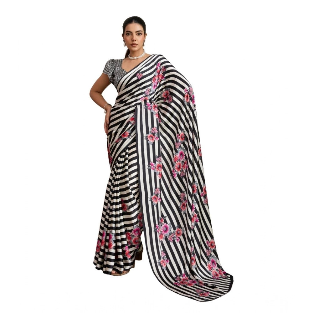 Seduva Women's Satin Crepe Printed Saree With Unstitched Blouse 5.5Mtr (Black)