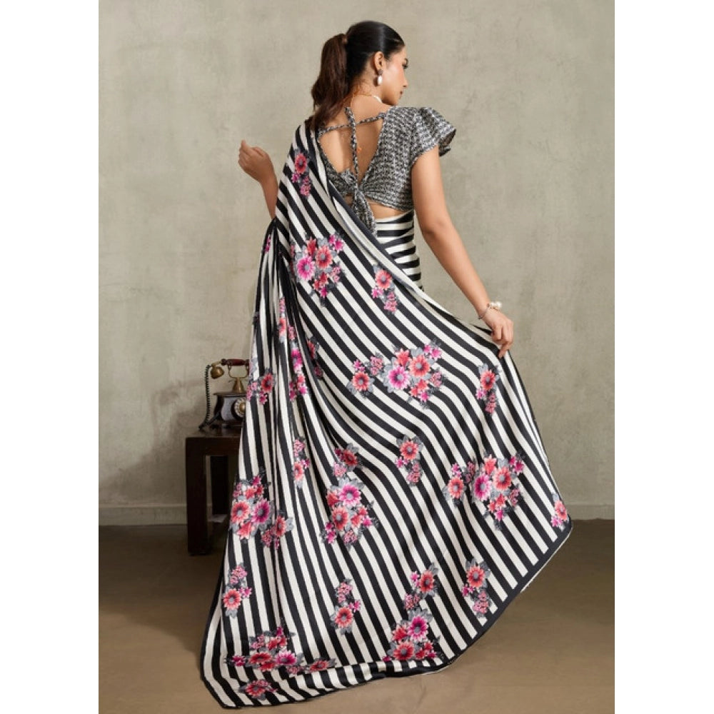 Seduva Women's Satin Crepe Printed Saree With Unstitched Blouse 5.5Mtr (Black)