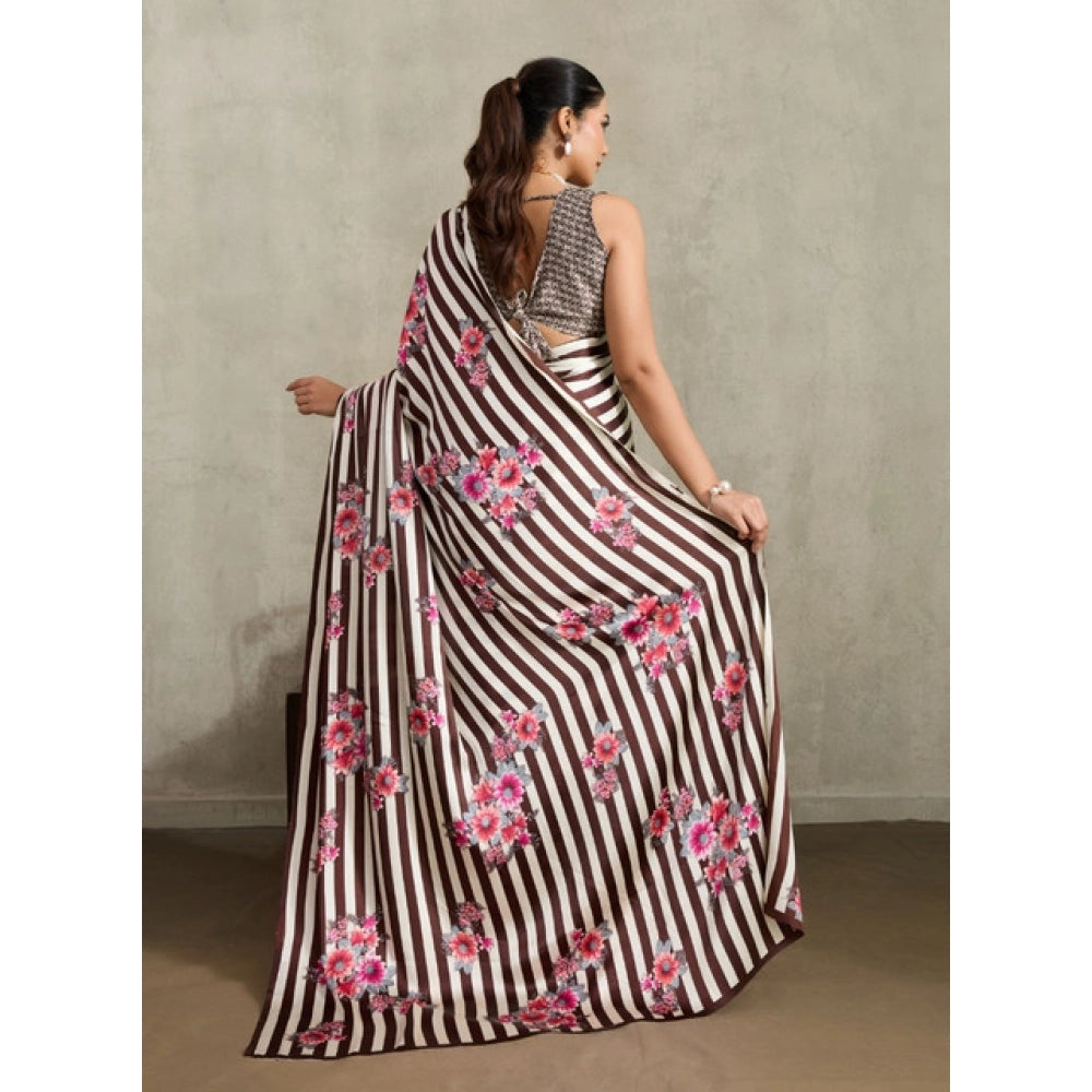 Seduva Women's Satin Crepe Printed Saree With Unstitched Blouse 5.5Mtr (Brown)