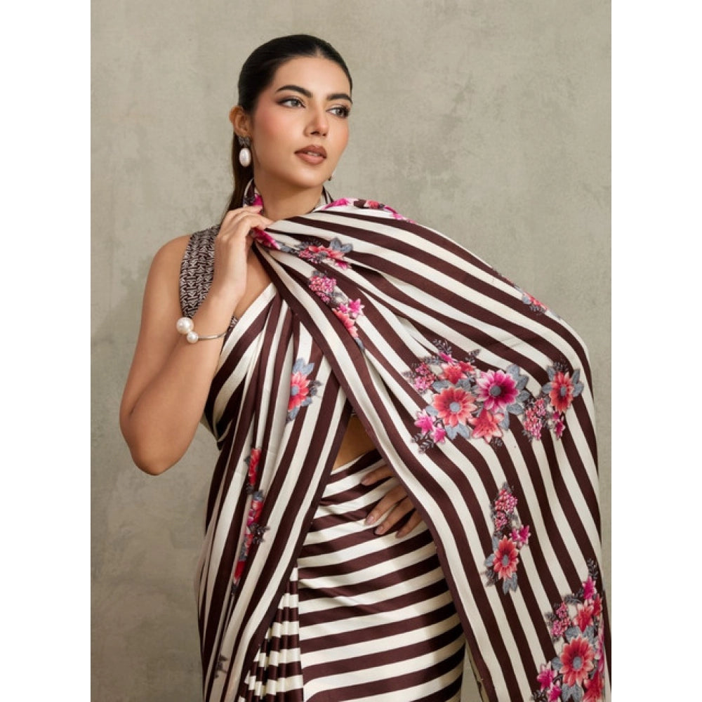 Seduva Women's Satin Crepe Printed Saree With Unstitched Blouse 5.5Mtr (Brown)