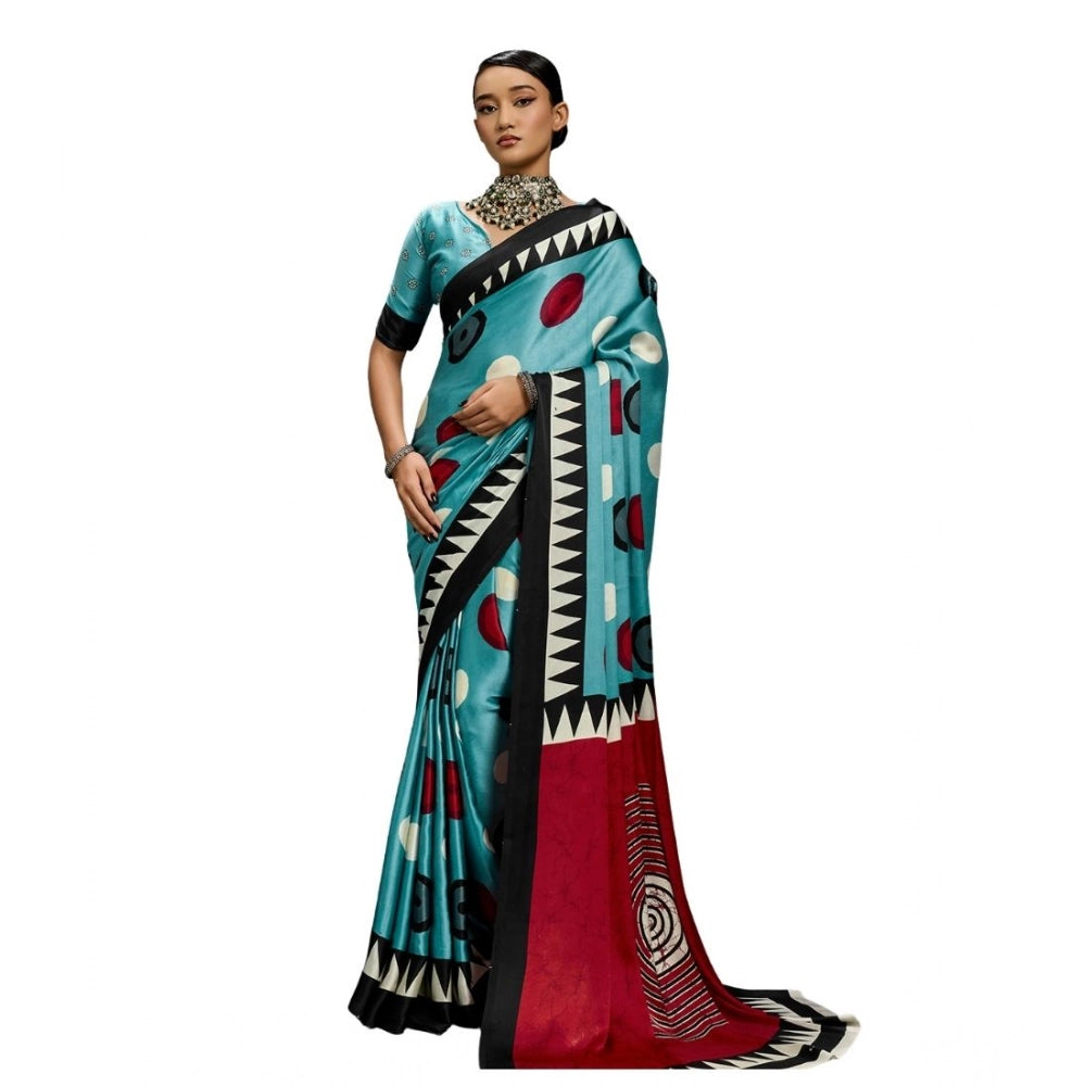 Seduva Women's Satin Crepe Printed Saree With Unstitched Blouse 5.5Mtr (Sky Blue)