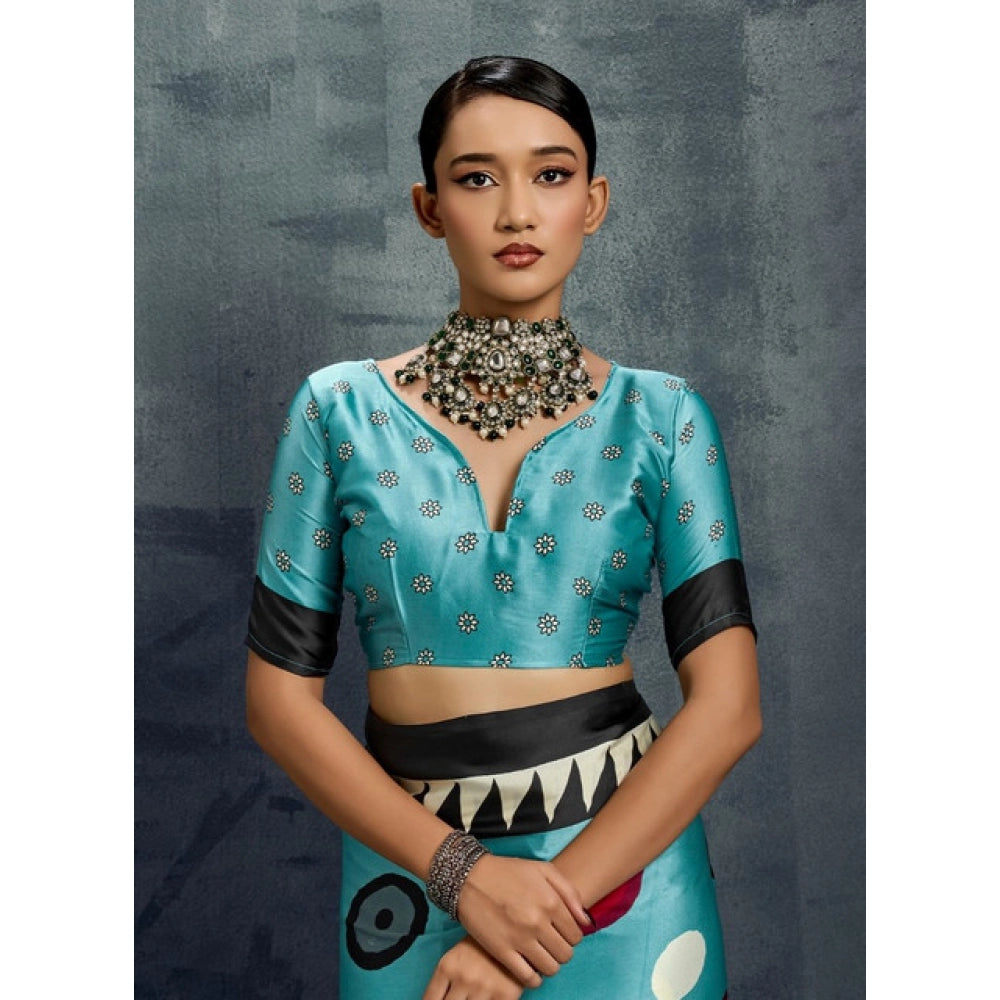 Seduva Women's Satin Crepe Printed Saree With Unstitched Blouse 5.5Mtr (Sky Blue)