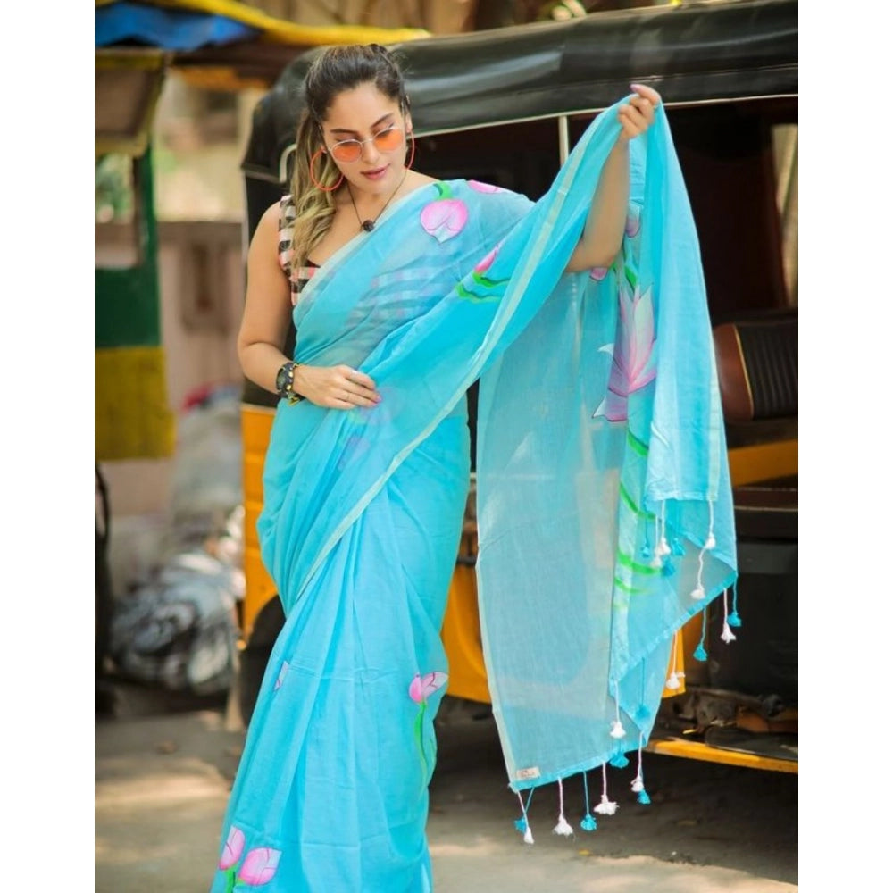 Seduva Women's Linen Printed Saree With Unstitched Blouse 5.5Mtr (light Blue)
