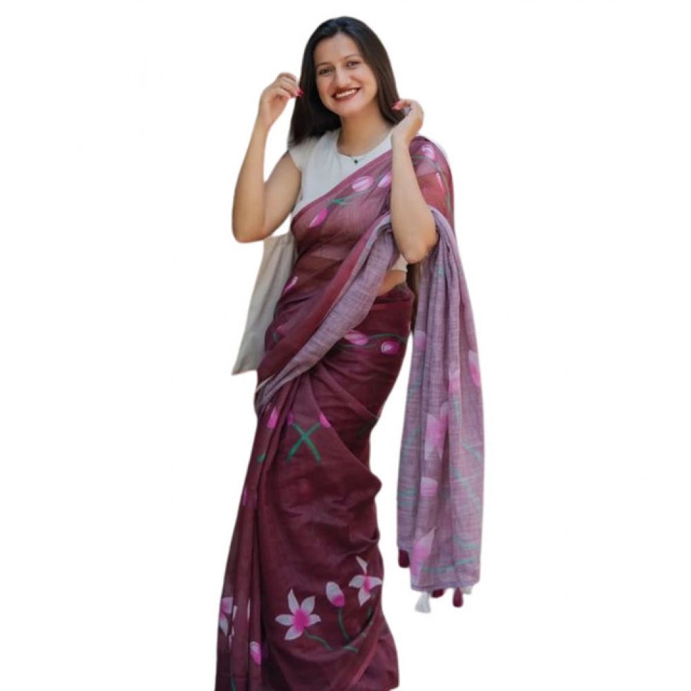 Seduva Women's Linen Printed Saree With Unstitched Blouse 5.5Mtr (Brown)