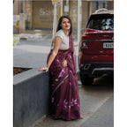 Seduva Women's Linen Printed Saree With Unstitched Blouse 5.5Mtr (Brown)