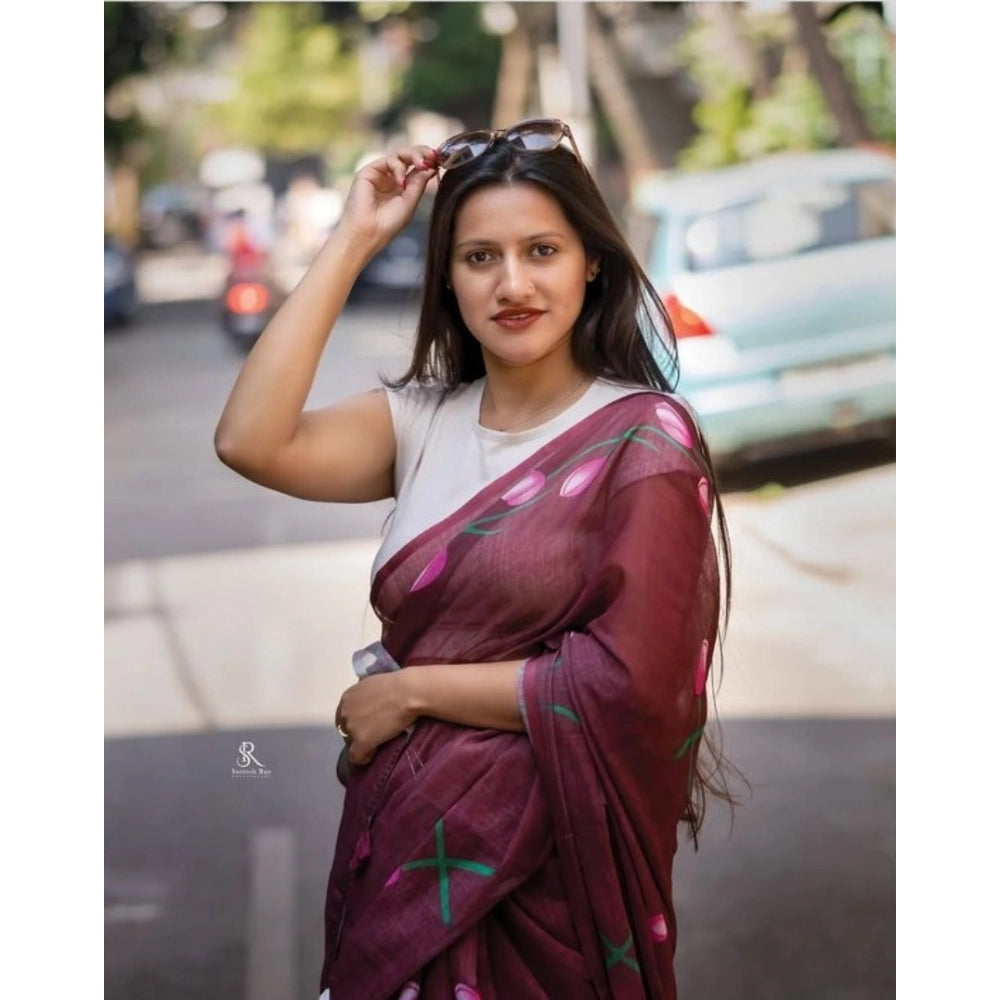 Seduva Women's Linen Printed Saree With Unstitched Blouse 5.5Mtr (Brown)