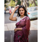 Seduva Women's Linen Printed Saree With Unstitched Blouse 5.5Mtr (Brown)