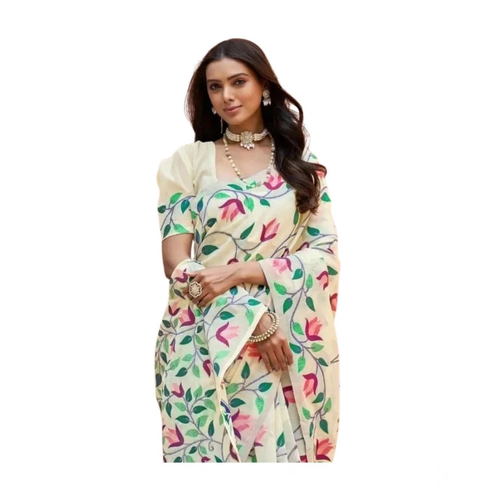 Seduva Women's Georgette Printed Saree With Unstitched Blouse 5.5Mtr (Cream)