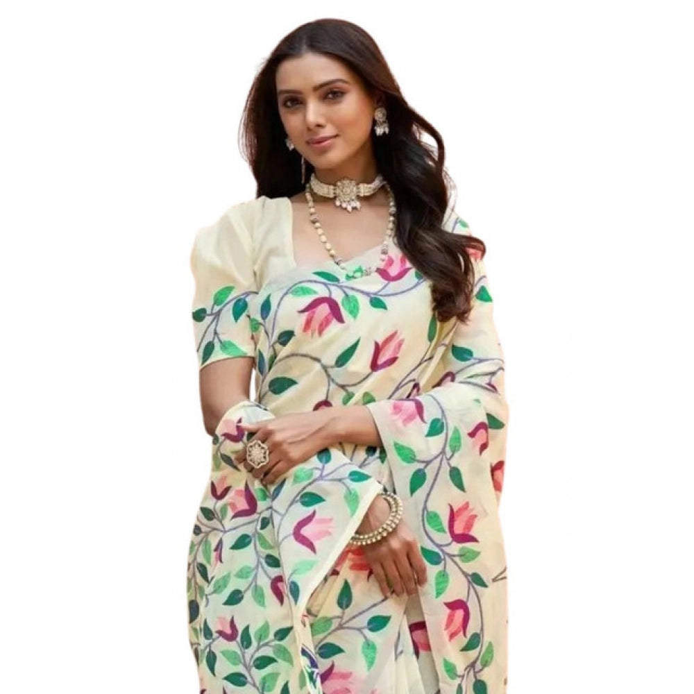 Seduva Women's Georgette Printed Saree With Unstitched Blouse 5.5Mtr (Cream)