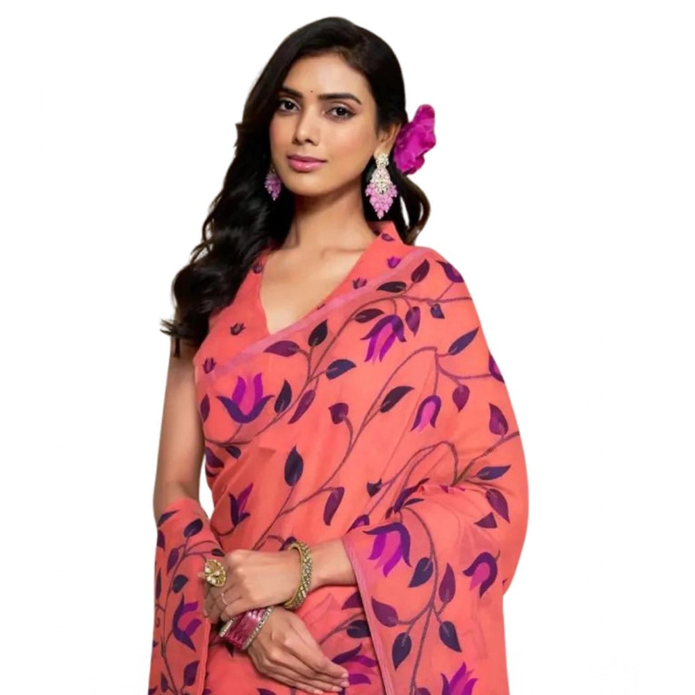 Seduva Women's Georgette Printed Saree With Unstitched Blouse 5.5Mtr (Peach)