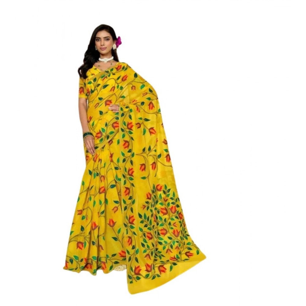 Seduva Women's Georgette Printed Saree With Unstitched Blouse 5.5Mtr (Yellow)