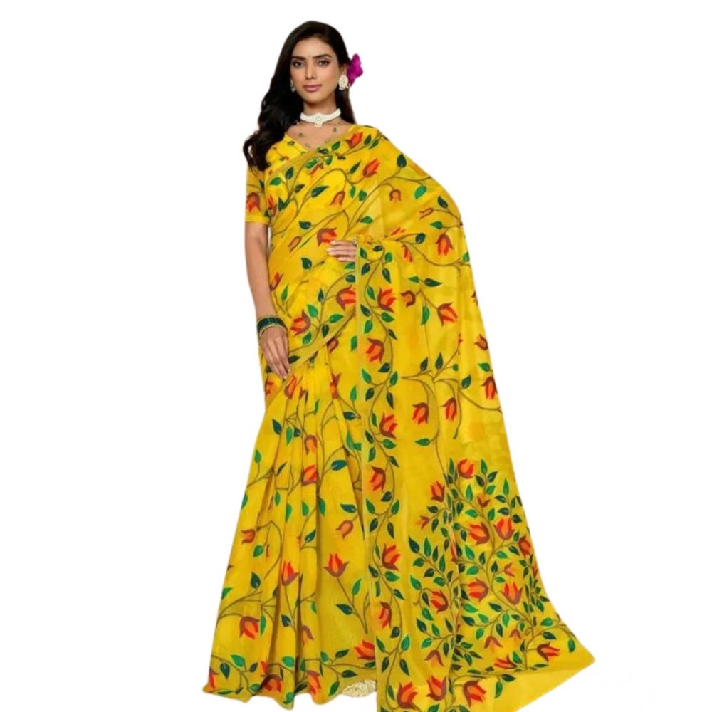 Seduva Women's Georgette Printed Saree With Unstitched Blouse 5.5Mtr (Yellow)
