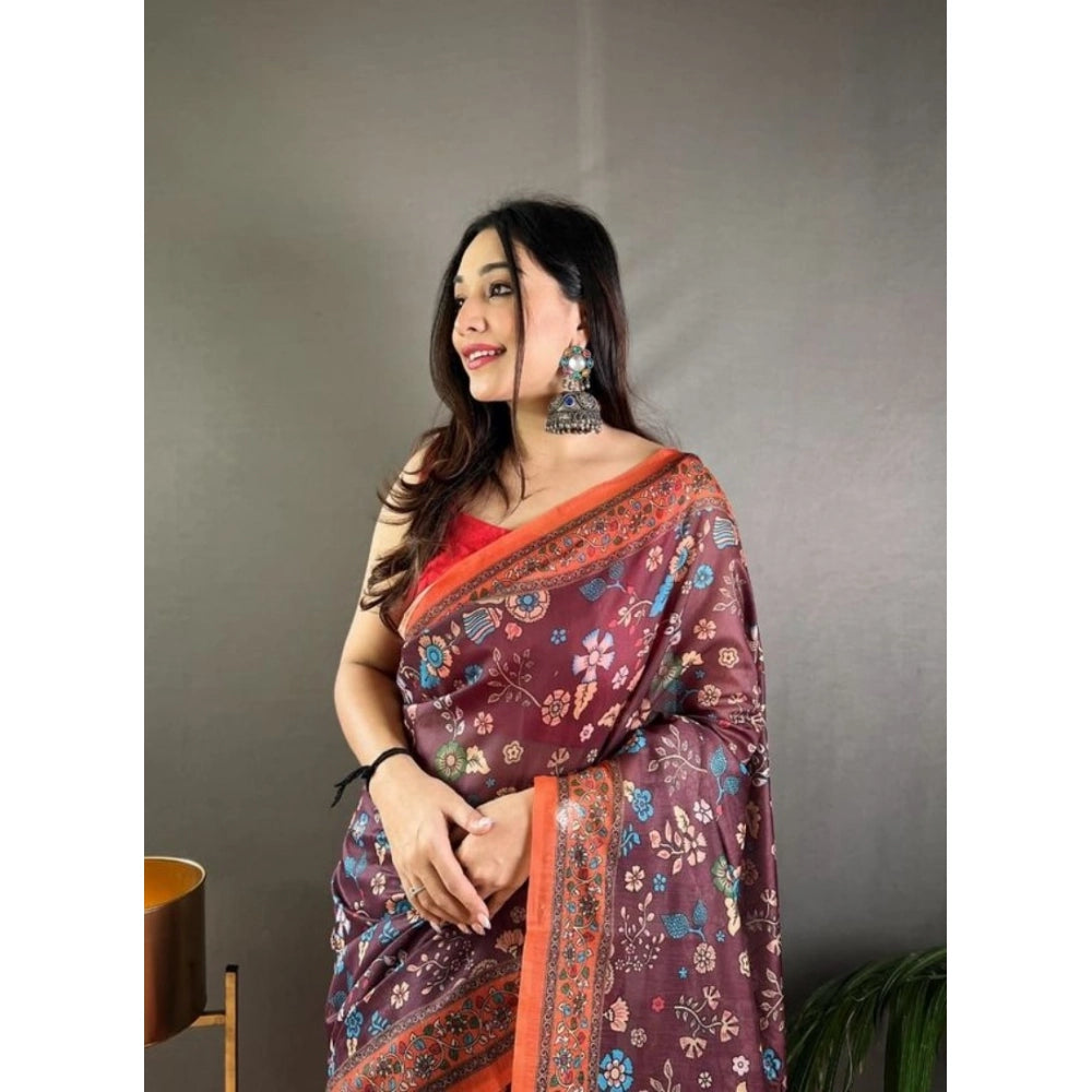 Seduva Women's Linen Printed Saree With Unstitched Blouse 5.5Mtr (Brown)