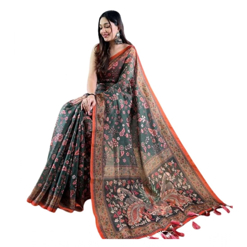 Seduva Women's Linen Printed Saree With Unstitched Blouse 5.5Mtr (Green)