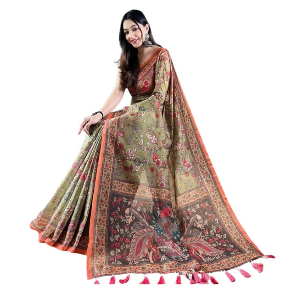 Seduva Women's Linen Printed Saree With Unstitched Blouse 5.5Mtr (Sea Green)