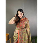 Seduva Women's Linen Printed Saree With Unstitched Blouse 5.5Mtr (Sea Green)