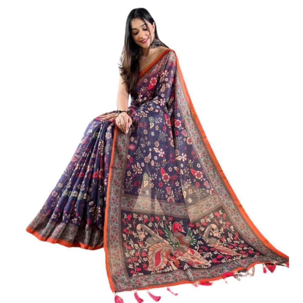 Seduva Women's Linen Printed Saree With Unstitched Blouse 5.5Mtr (Blue)