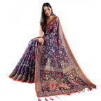 Seduva Women's Linen Printed Saree With Unstitched Blouse 5.5Mtr (Blue)