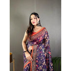 Seduva Women's Linen Printed Saree With Unstitched Blouse 5.5Mtr (Blue)