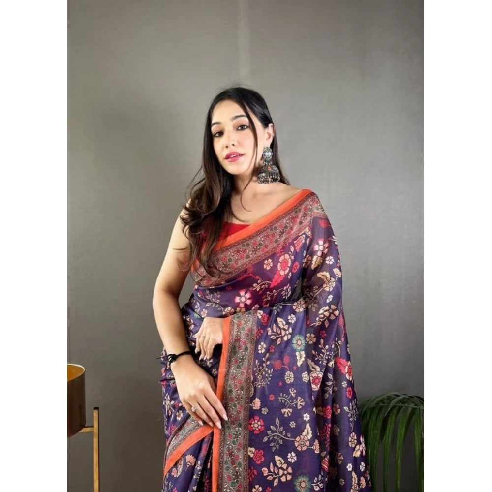 Seduva Women's Linen Printed Saree With Unstitched Blouse 5.5Mtr (Blue)