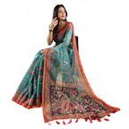 Seduva Women's Linen Printed Saree With Unstitched Blouse 5.5Mtr (Olive)