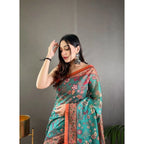 Seduva Women's Linen Printed Saree With Unstitched Blouse 5.5Mtr (Olive)