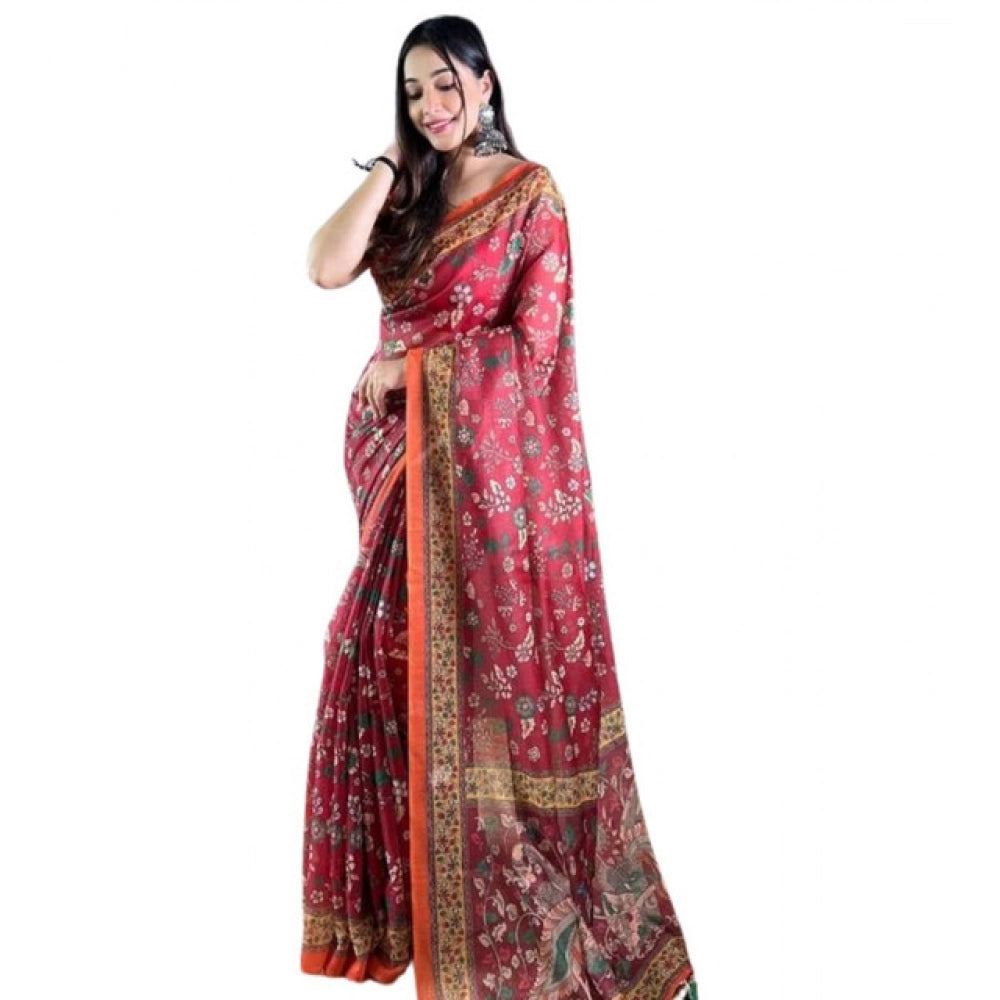 Seduva Women's Linen Printed Saree With Unstitched Blouse 5.5Mtr (Red)