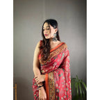 Seduva Women's Linen Printed Saree With Unstitched Blouse 5.5Mtr (Red)