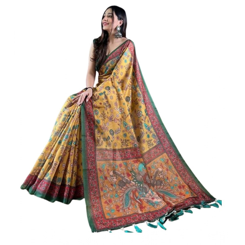 Seduva Women's Linen Printed Saree With Unstitched Blouse 5.5Mtr (Yellow)