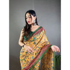 Seduva Women's Linen Printed Saree With Unstitched Blouse 5.5Mtr (Yellow)