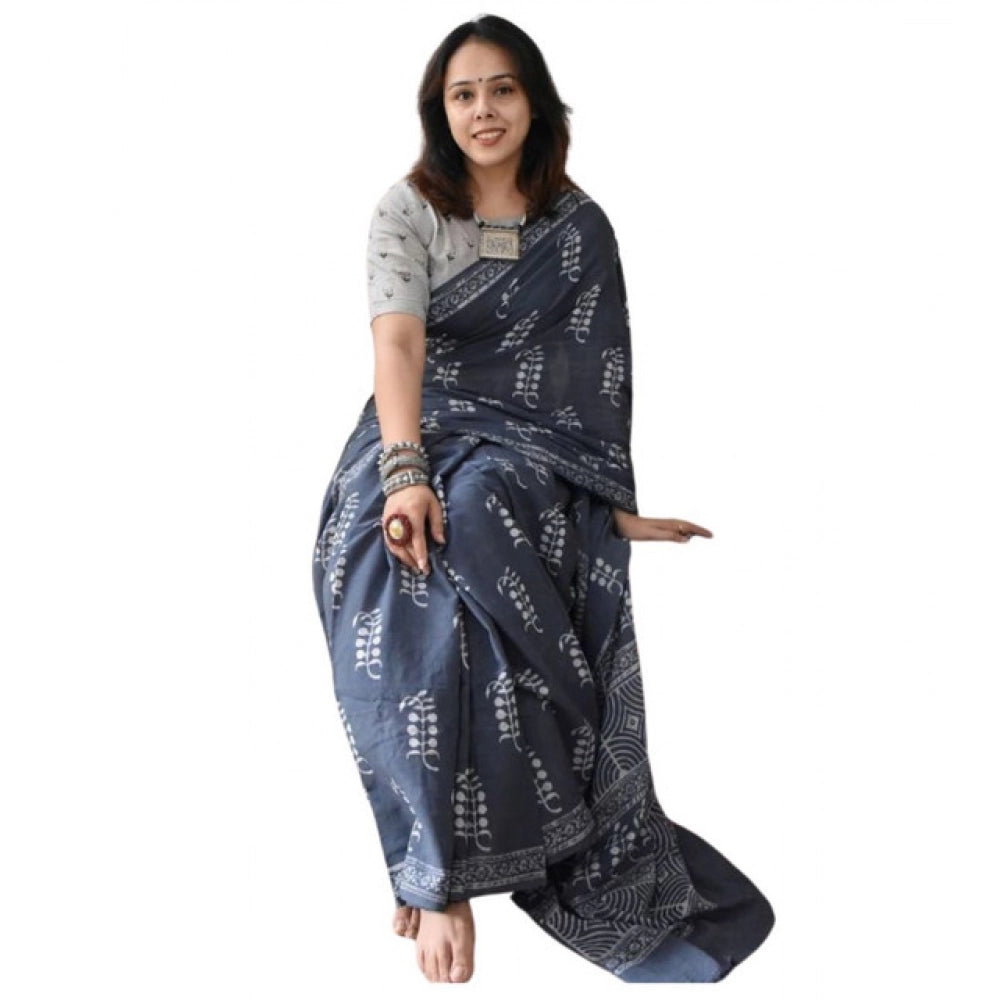 Seduva Women's Linen Printed Saree With Unstitched Blouse 5.5Mtr (Grey)
