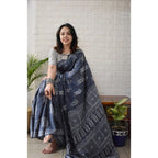 Seduva Women's Linen Printed Saree With Unstitched Blouse 5.5Mtr (Grey)