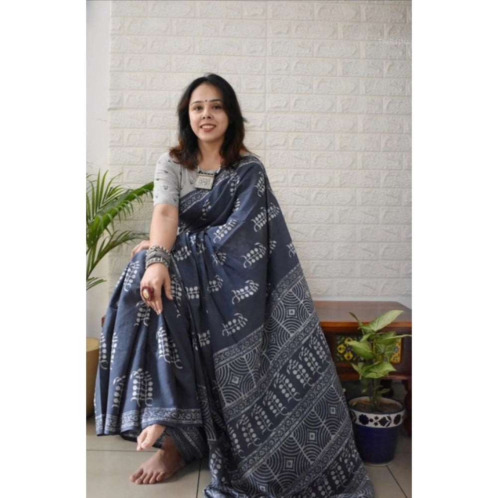 Seduva Women's Linen Printed Saree With Unstitched Blouse 5.5Mtr (Grey)