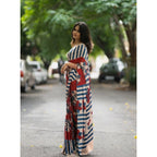 Seduva Women's Linen Printed Saree With Unstitched Blouse 5.5Mtr (Red)