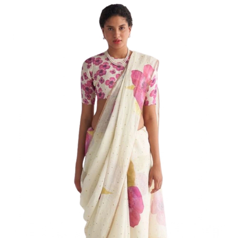 Seduva Women's Linen Printed Saree With Unstitched Blouse 5.5Mtr (White)