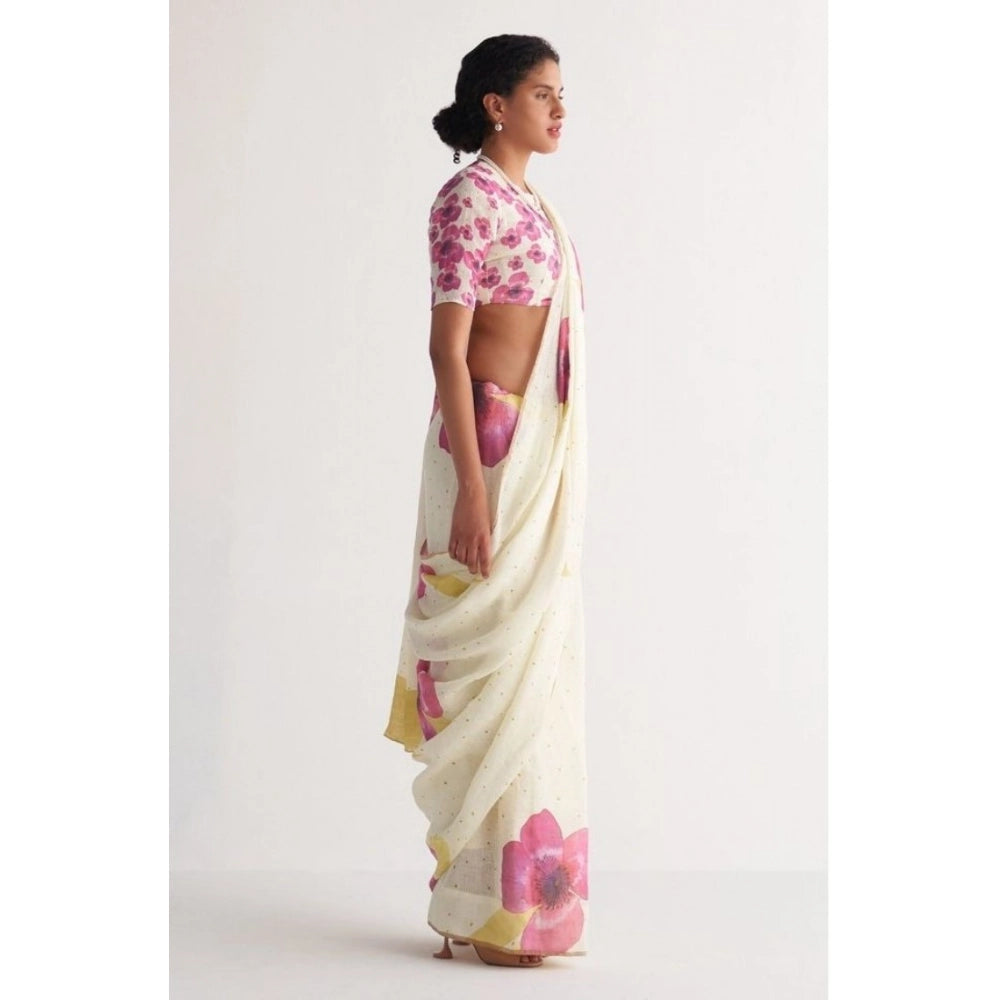 Seduva Women's Linen Printed Saree With Unstitched Blouse 5.5Mtr (White)