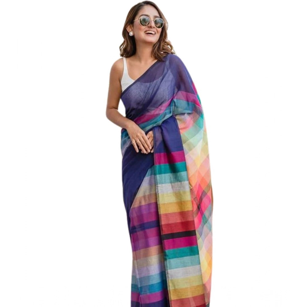 Seduva Women's Linen Printed Saree With Unstitched Blouse 5.5Mtr (Navy)