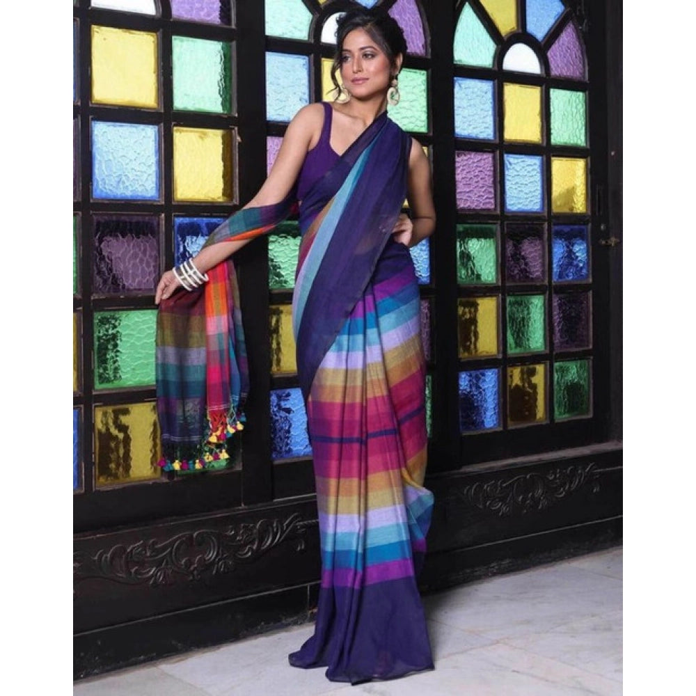 Seduva Women's Linen Printed Saree With Unstitched Blouse 5.5Mtr (Navy)