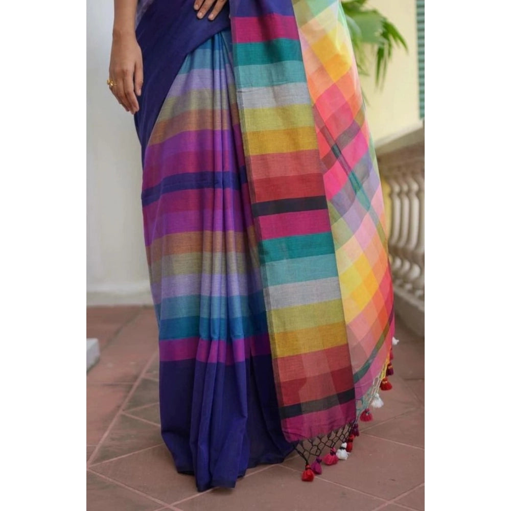 Seduva Women's Linen Printed Saree With Unstitched Blouse 5.5Mtr (Navy)