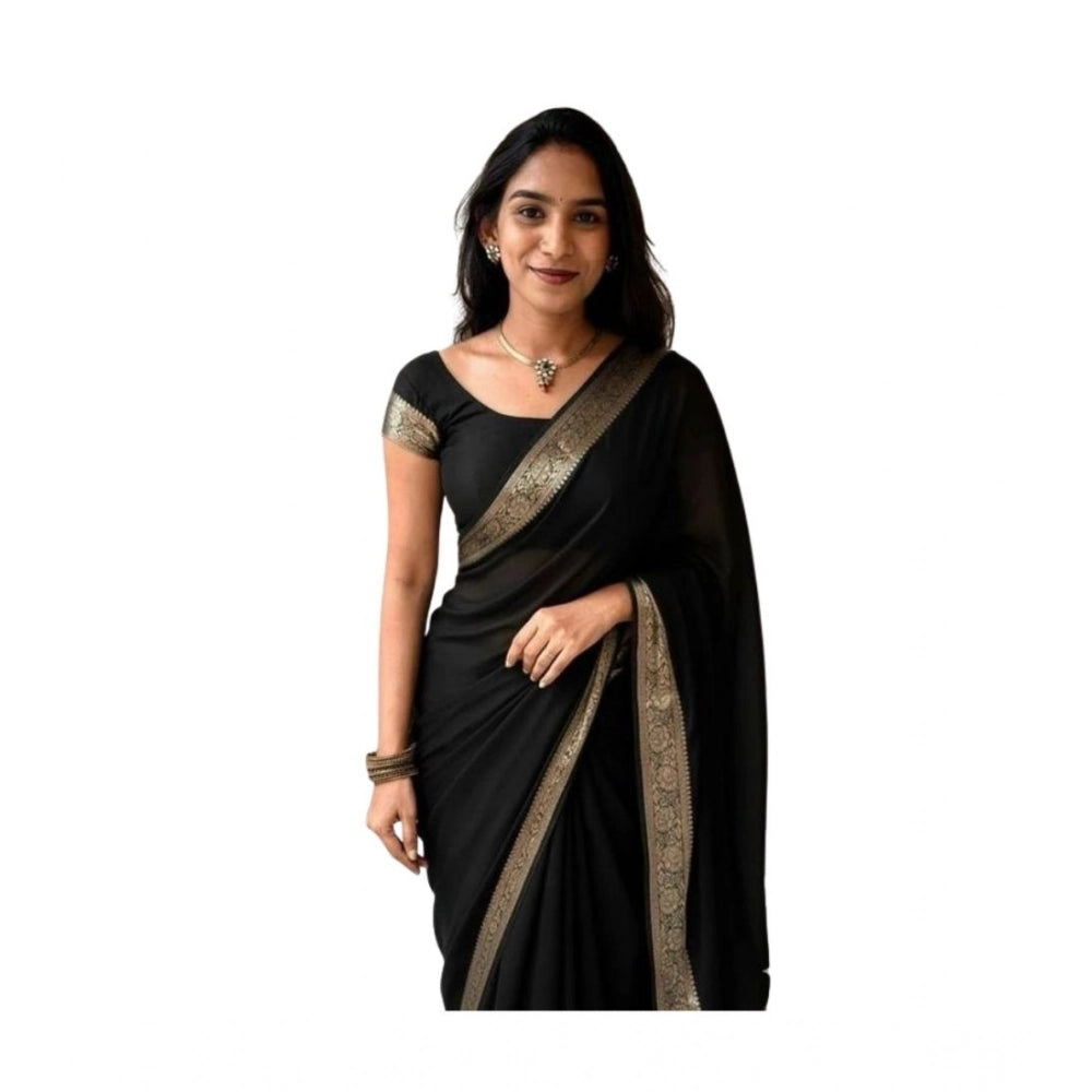 Seduva Women's Vichitra Silk Printed Saree With Unstitched Blouse 5.5Mtr (Black)