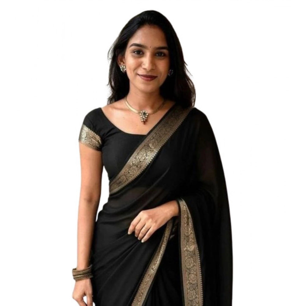 Seduva Women's Vichitra Silk Printed Saree With Unstitched Blouse 5.5Mtr (Black)