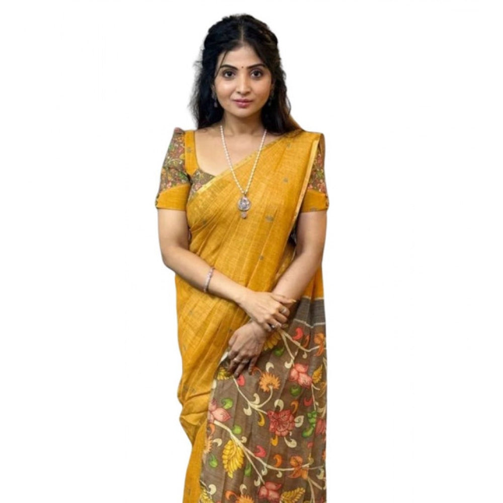 Seduva Women's Linen Printed Saree With Unstitched Blouse 5.5Mtr (Mustard)