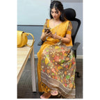 Seduva Women's Linen Printed Saree With Unstitched Blouse 5.5Mtr (Mustard)