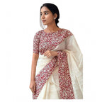 Seduva Women's Linen Printed Saree With Unstitched Blouse 5.5Mtr (White)