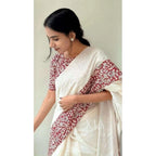 Seduva Women's Linen Printed Saree With Unstitched Blouse 5.5Mtr (White)