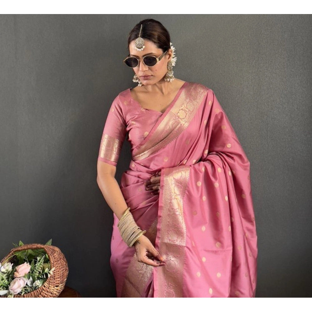 Seduva Women's Satin Printed Saree With Unstitched Blouse 5.5Mtr (Pink)