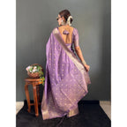 Seduva Women's Satin Printed Saree With Unstitched Blouse 5.5Mtr (Purple)